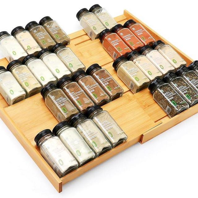 Thalomely Bamboo Spice Drawer Organizer, (Need 3.1” Deep Drawer) Expandable 4 Tier Spice Rack for Cabinet (From 12" to 23" Wide), Seasoning Storage Insert, Spice Organizer for Drawer