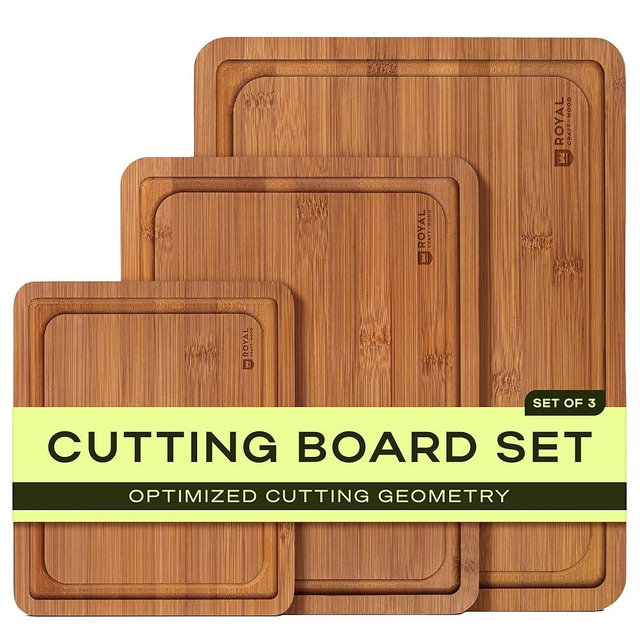 ROYAL CRAFT WOOD Wooden Cutting Boards for Kitchen Meal Prep & Serving - Bamboo Wood Cutting Board Set with Deep Juice Groove Side Handles - Charcuterie & Chopping Butcher Block for Meat (Set of 3)