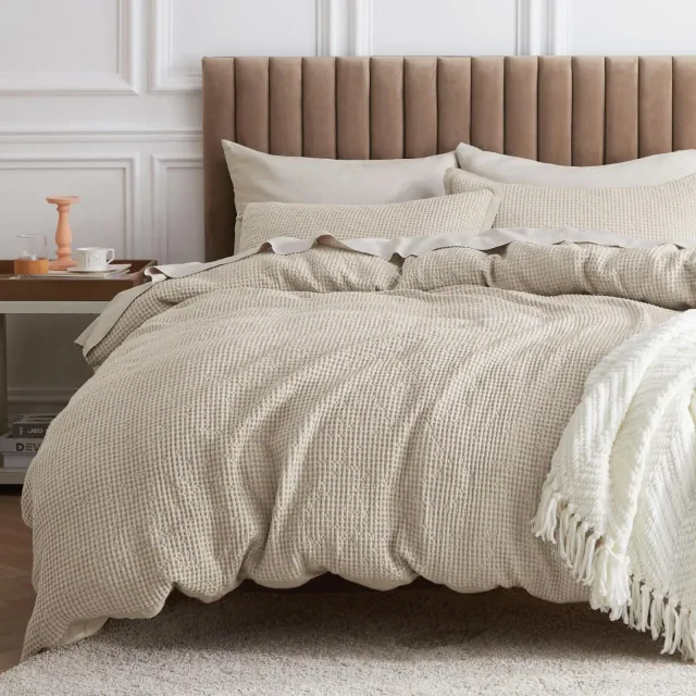 Bedsure Beige California King 3Pieces Cotton Duvet Cover 100% Cotton Waffle Weave Breathable OEKO TEX Certified Valentine’s Day Premium Gift