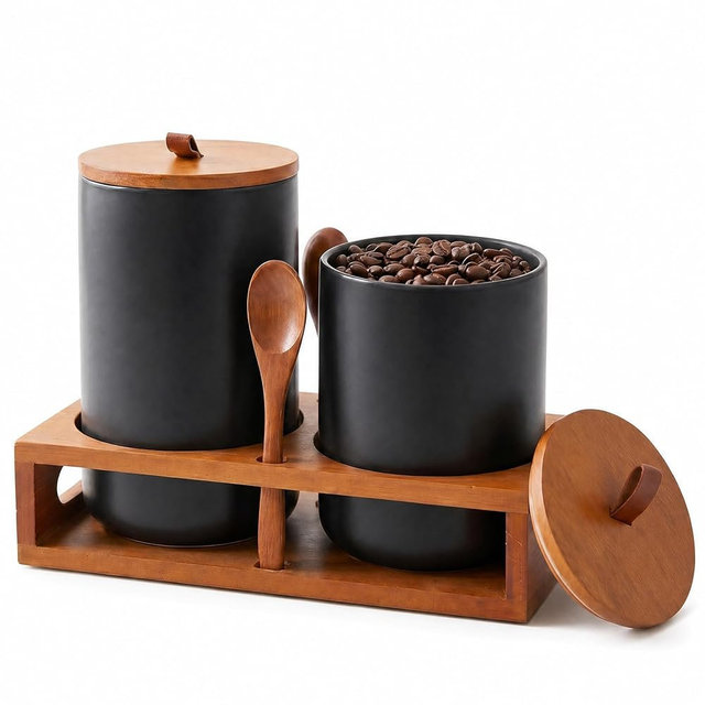 Arvenlora Black Ceramic Canister Set with Bamboo Lids, Wooden Stand & Spoons - 2 Piece Airtight Food Storage Jars(35oz/28oz) - Coffee, Sugar, Tea, Kitchen Counter Organizer