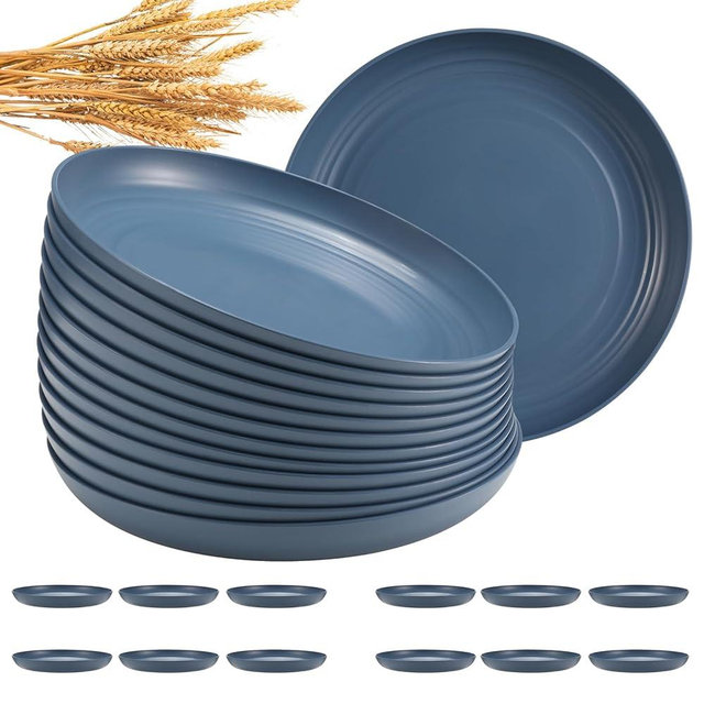 HEYCOME 12 Pcs Unbreakable Deep Dinner Plates Set, 10 inch Reusable Plastic Wheat Straw Plates, Microwave and Dishwasher Safe Plate for Kitchen, Lightweight Plate for Dessert, BPA Free, Dark Blue