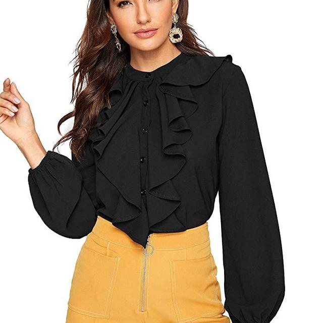 SheIn Women's Long Sleeve Button Down Lotus Ruffled Work Shirt Chiffon Blouse Top