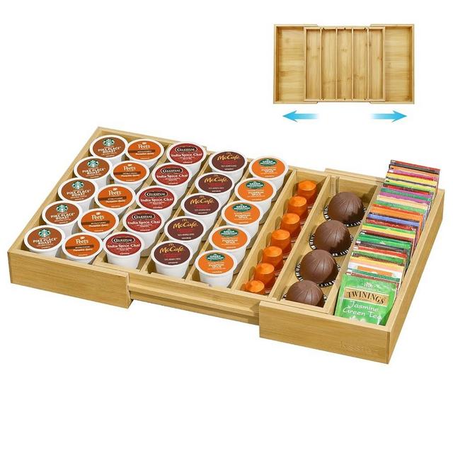 Kssiaz Coffee Pod Holder Drawer, Bamboo K Cup Holder Compatible with Nespresso Vertuo Capsules, 25-45 K Cup Drawer Organizer for Coffee Station Home Office and Kitchen (Bamboo)