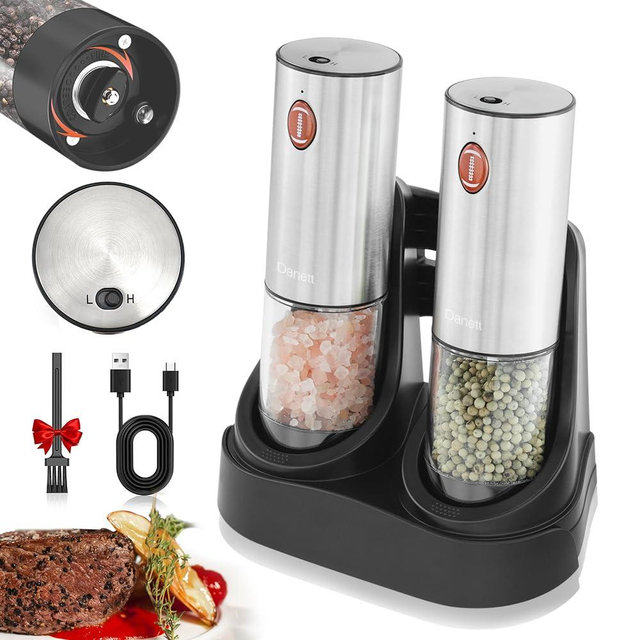 New 2Pack Rechargeable Electric Salt and Pepper Grinder Set with Charging Base Portable,Automatic Mills LED Light,7-Level Coarseness & 2-Speed Adjustable,One-Handed Operation-Exclusive Football Button