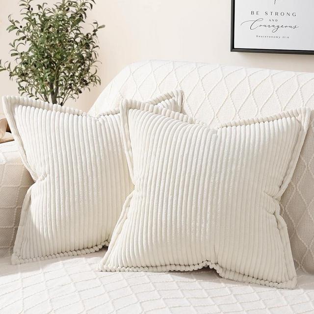 Mecatny Corduroy Pillow Covers 20x20 Inch Set of 2 - Striped Throw Pillow Covers with Wide Border for Living Room, Bed - Soft Square Decorative Pillow Covers for Couch - Cream White