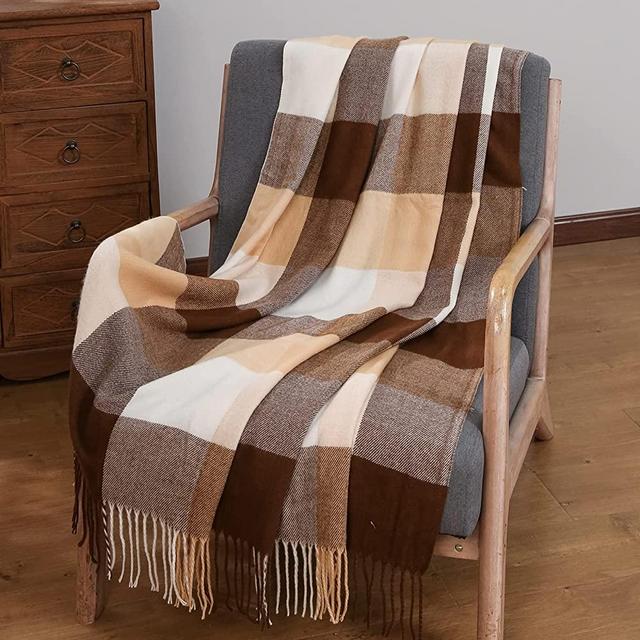 Buffalo Plaid Throw Blanket - Farmhouse Check Style - Soft Cozy Lightweight with Tassels for Couch Bed Sofa Living Room Home Office Outdoor - 50x60 Inches - Coffee / Faint Yellow