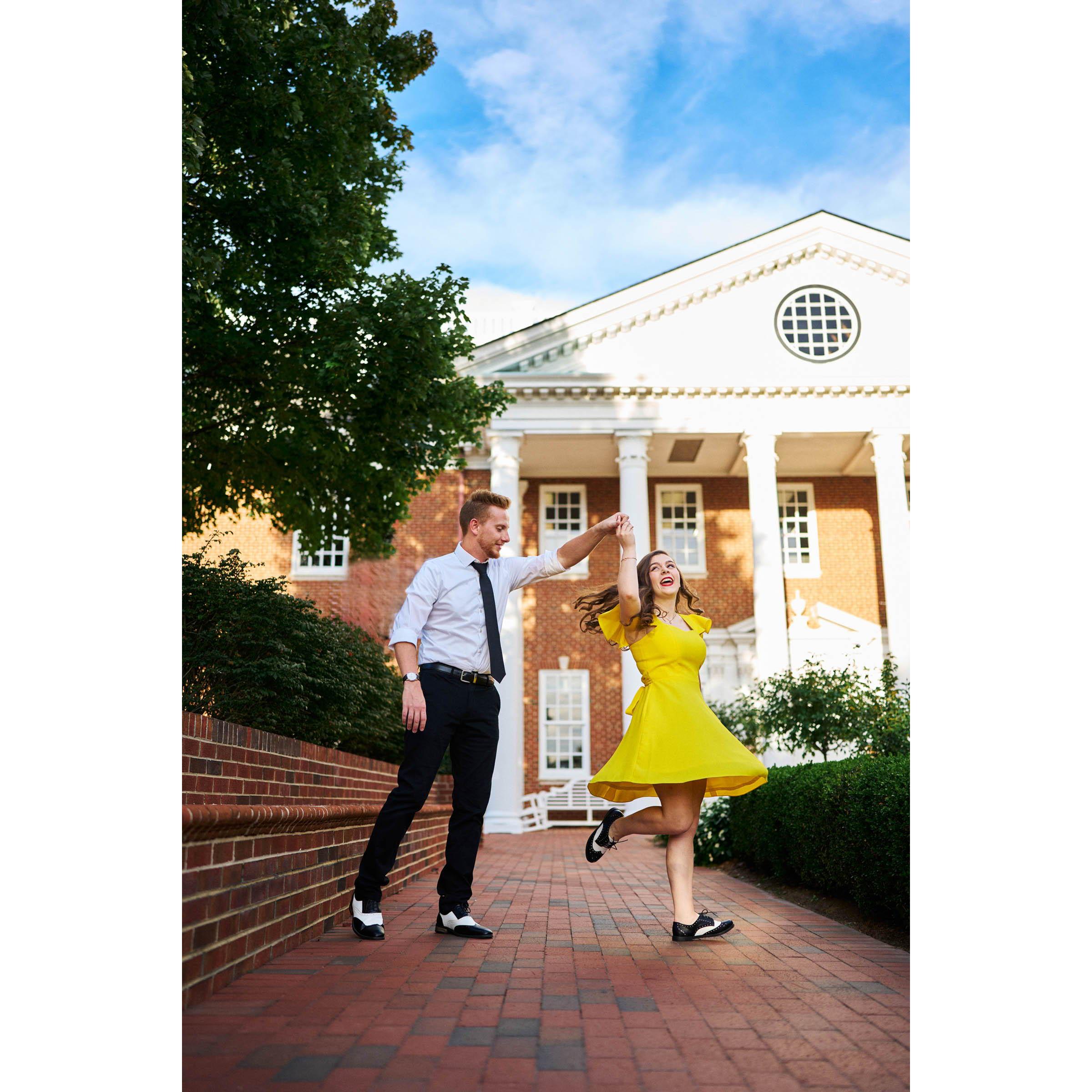 In front of Smith Library, where Wil and Stephanie met in their English class at HPU.