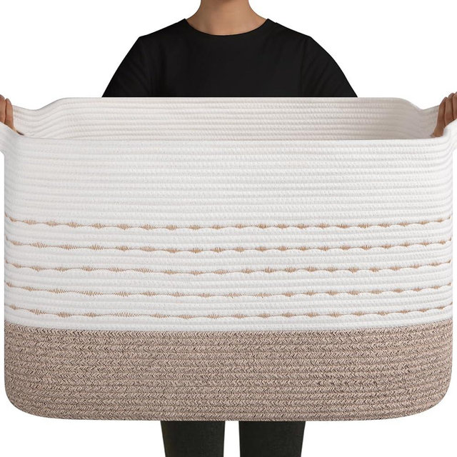 OIAHOMY 108L Extra Large Blanket Basket, 25”x16”x16” Rectangle Woven Cotton Rope Baskets for for Living Room, Toy Storage with Handle- Gradient Light Brown