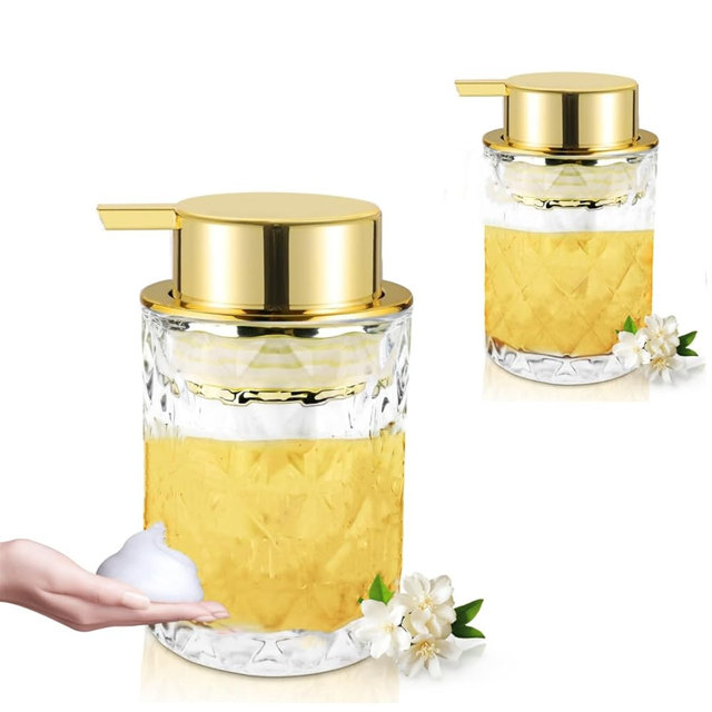 Abriclo Glass Foaming Soap Dispenser 2 Pack Refillable Foaming Hand Soap Dispenser with Gold Large Pump Wide Opening for Bathroom Kitchen Countertop Modern Home Decor with Elegant Pattern, Transparent