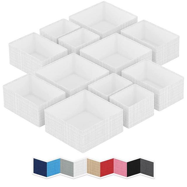 NEATERIZE Drawer Organizer - [Set Of 12] - Closet Organizer and Storage Baskets| Foldable Cloth Drawers Divider | Fabric Bin For Dresser & Shelves |Organize Underwear, Socks, Bra, & Tie’s (White-Grey)