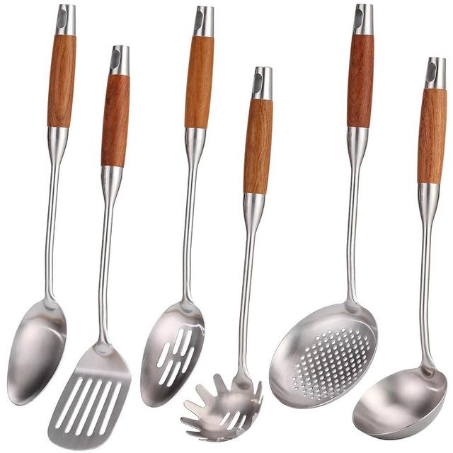 304 Stainless Steel Kitchen Utensils Set with Wood Handle - 15” Long Metal Cooking Tools, Solid Spoon, Slotted Spoon, Slotted Spatula Tunner, Skimmer, Soup Ladle, Spaghetti Spoon, 6-Piece Large Spoons