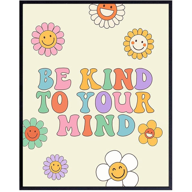 Groovy Flower Power 60s Decor - 70s Retro Vintage Hippie Room Decor - Preppy Be Kind Sign - Smiley Face Decorations - Cute Boho Wall Print for Women, Teen Girls - Eclectic Wall Art for College Dorm