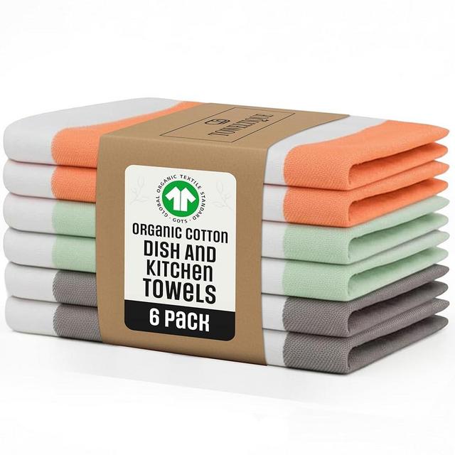TOWELTIQUE Organic Cotton Dish and Hand Kitchen Towel Sets Pack of 6 GOTS Certified | Premium Soft, Absorbent & Quick-Drying- Green, Orange, Grey