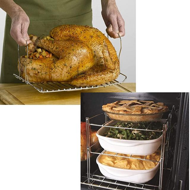 KOVOT 3-Tier Collapsible Oven Rack & Turkey Lifter Roasting Rack | Space Saving Oven Rack For Multiple Roasting And Baking Tasks | Includes (1) Oven Rack & (1) Expandable Roasting Rack, Turkey Lifter
