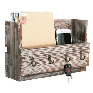 Rustic Torched Wood Wall Mounted Mail Holder Organizer with 4 Key Hooks
