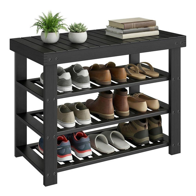SONGMICS Shoe Rack Bench, 4 Tier Bamboo Shoe Storage Organizer, Entryway Bench, for Living Room, Bathroom, Bedroom, 11.3 x 27.6 x 20.5 Inches, Ink Black ULBS370BH01