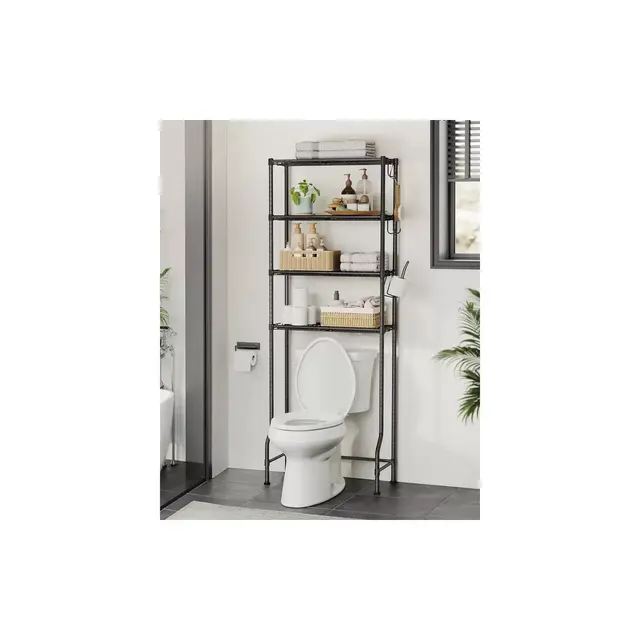 SONGMICS 4 Tier Over The Toilet Storage - Metal Storage Rack with Adjustable Shelves, Hooks, and Roll Holder Black
