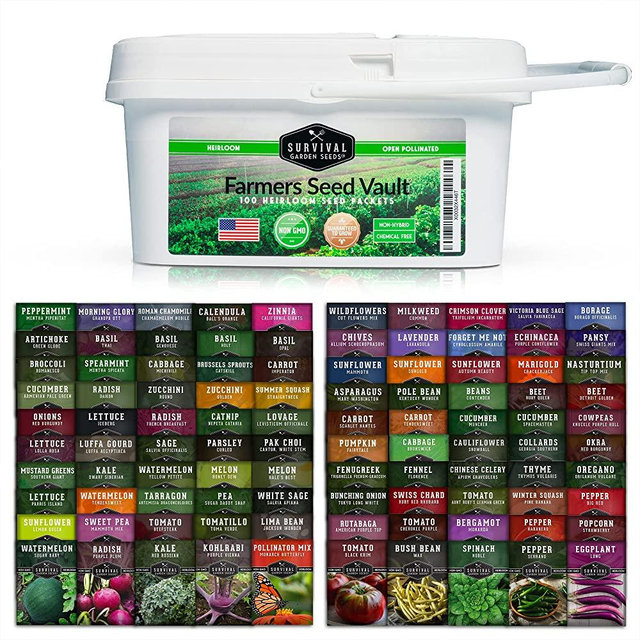 Survival Garden Seeds Farmer Seed Vault - Vegetable Herb & Flower Seed Bank - 100 Heirloom Non-GMO Varieties for Planting & Growing Victory Gardens - Survival Food & Emergency Preparedness Gear Kit
