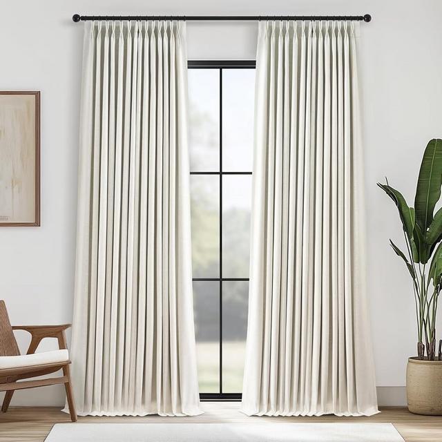 Topfinel 96 Inches Long Pinch Pleated 100% Blackout Curtains,Thermal Insulated Natural Linen Pinch Pleat Viral Drapes with Hooks Rings 2 Panel Sets,Neutral Beige Ivory 8FT Back Tab Window Curtains