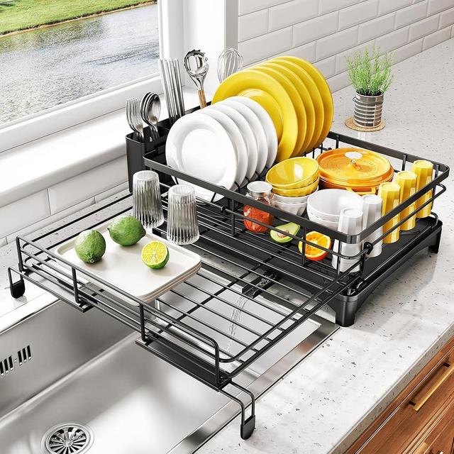 Dish Drying Rack - Extendable Dish Rack, Large Sink Drying Dish Drainer for Kitchen Counter, Stainless Steel Dish Strainer with Utensil Holder, Black