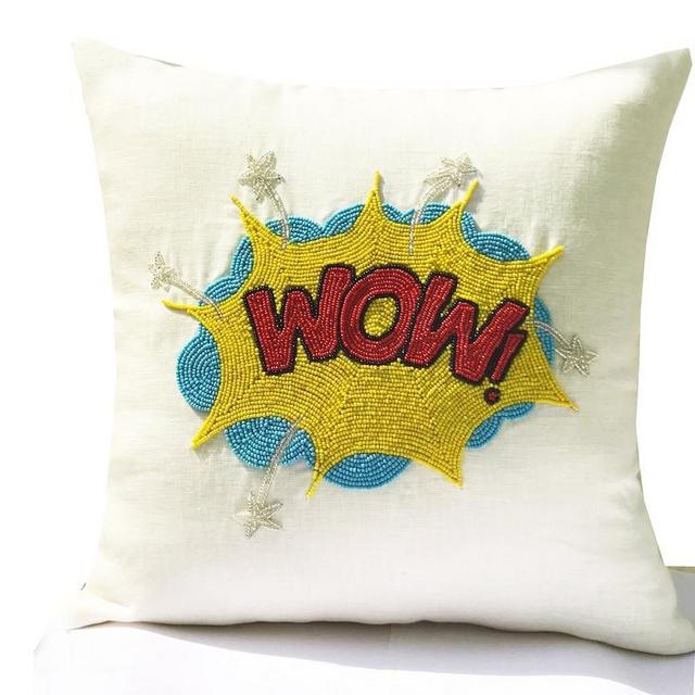 Pop Art Pillow Cover, WOW Linen Pillow, Pop Art Comic Book Action Words, Comic Theme Pillow, Movie Room Pillow, Dorm Pillow, Gift for her