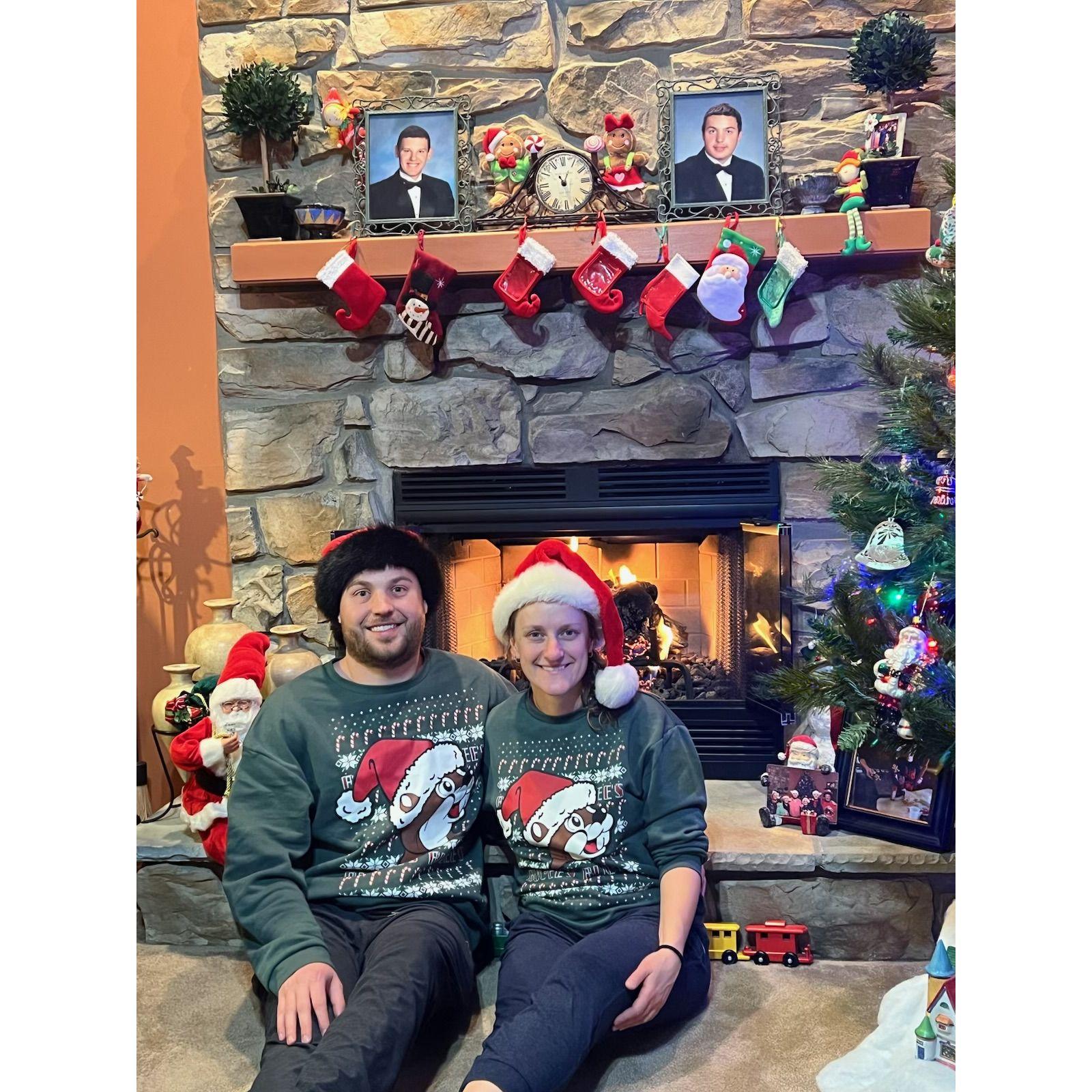 Ryan and I in our matchsies Buc'ees Christmas sweaters