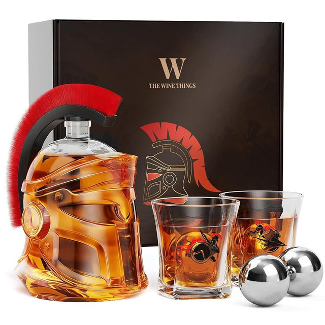 Whiskey Decanter Set, Gifts for Men, 34 Oz Spartan Helmet Liquor Dispenser with 2 Glasses & Ice Balls, Anniversary, Birthday Present for Husband, Dad, Him, Unique Home Bar Accessories