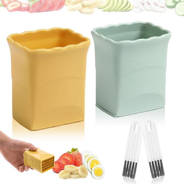 Fruit Slicer Cup 2 PCS, Egg Cutter, Strawberry Banana Chopper, Creative Kitchen Gadget for Making Vegetable Salad, Dishwasher Safe (Green + Yellow)