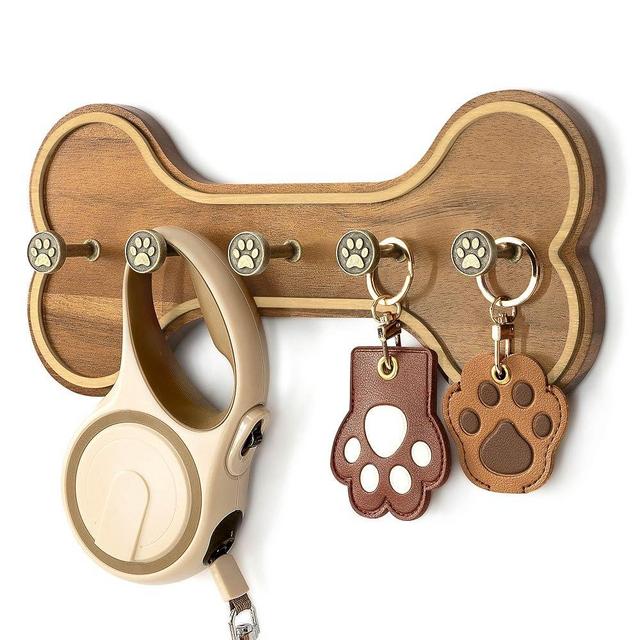 MTERSN Farmhouse Dog Leash Holder for Wall – Dog Stuff Organizer and Dogs Bone Key Holder Wall Mount with 3D Puppy Paw Hooks - Cute Stuff for Pet Lover Gifts (Acacia Wood)