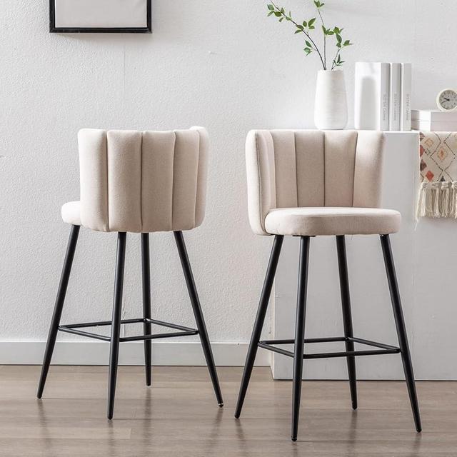 ZHENGHAO 30'' Bar Stools Set of 2 Linen Fabric Bar Height Chairs with Back Upholstered Kitchen Counter Stools Modern Barstools for Breakfast/Dining Room/Living Room, White