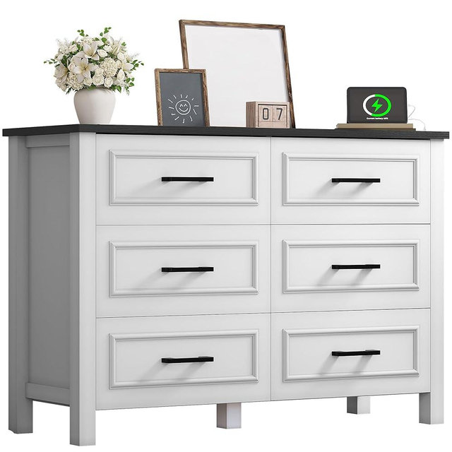 YITAHOME 6-Drawer Dresser with Built-in Power Outlet, Wood TV Stand with 6 Large Drawers & Bar Handles, Dresser Chest of Drawers for Entryway Living Room Hallway, White & Black