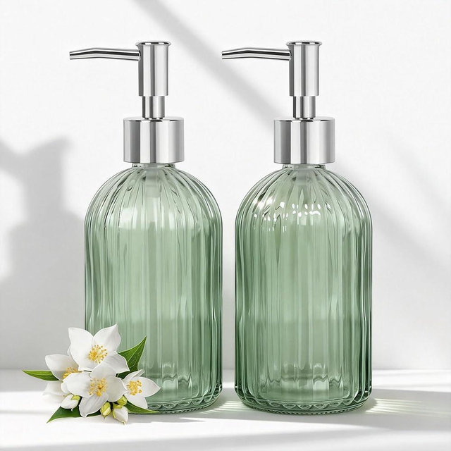 2 Pcs Army Green Glass Soap Dispenser for Bathroom and Kitchen, 14 Oz Refillable Liquid Hand soap Dispenser with Plastic Pump, Clear Small Modern Vintage Liquid Soap Dispensers Bottle