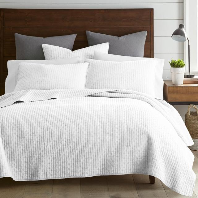 Cross Stitch White Solid Quilt Set - One King Quilt and Two King Shams White - Levtex Home