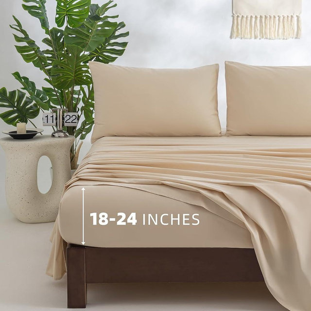 Jessrydo 100% Cotton Sheets King Size Sheets Deep Pocket Fits 18"-24" Mattress Luxury Soft Breathable Cooling Beige Cotton King Sheet Set 4 Pieces Cotton Bed Sheets