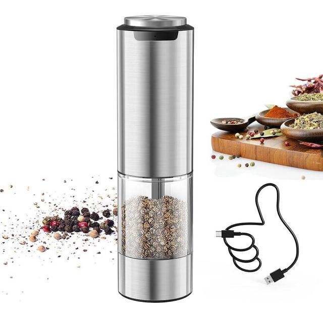 CIRCLE JOY Rechargeable Electric Pepper Grinder, Stainless Steel Pepper Mill with Washable 95ml Container, White LED Light and Adjustable Coarseness, KYMQ-33A-H