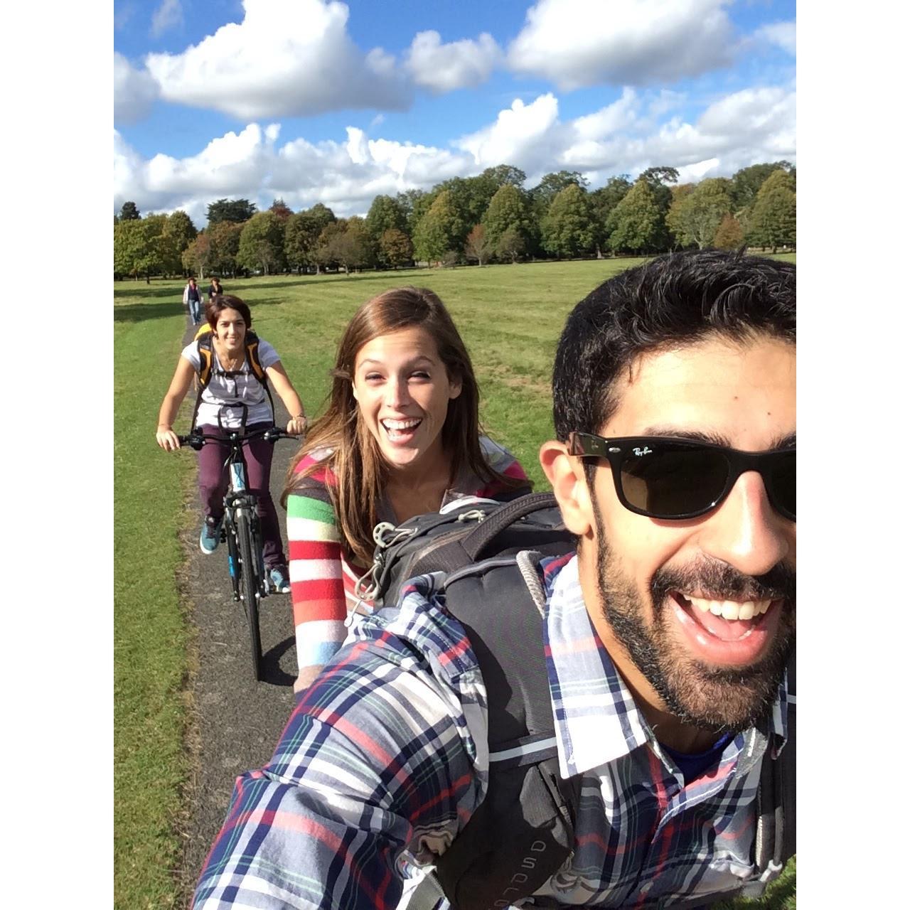 Riding through Phoenix park in Dublin with Elisabeth (Adrian's sister).