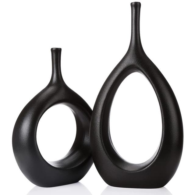 Black Ceramic Hollow Vases Set of 2, Flower Vase for Decor, Modern Decorative Vase Centerpiece for Wedding Dinner Table Party Living Room Office Bedroom, Housewarming Gift (Black)