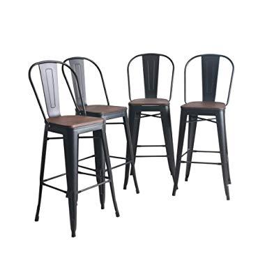 YongQiang Metal Barstools Set of 4 Indoor Outdoor Bar Stools High Back Dining Chair Counter Stool Cafe Side Chairs with Wooden Seat 26 inch Matte Black