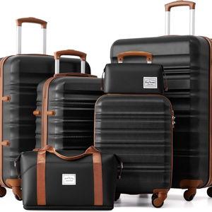 6 Piece Luggage Set Carry on Suitcase with ABS+PC hardshell, Spinner Wheels & YKK Zipper TSA Lock (BLACK-BROWN, 6 piece set)