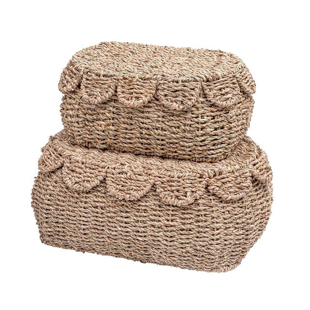 LUSYDECO Set of 2 Hand Round Wicker Storage Baskets, Rattan Basket Decorative Boxes, Woven Storage Box Seagrass Baskets with Lids, Scalloped Edge Wicker Basket with Lid