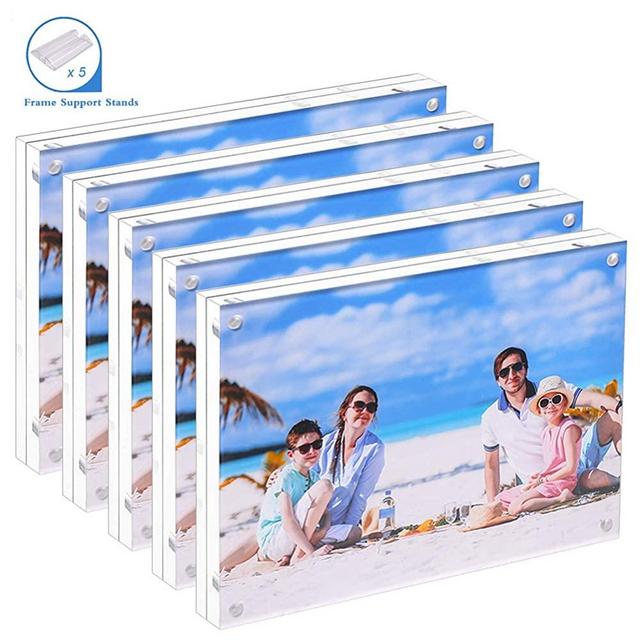 5 Pack Acrylic Picture Frame 5x7 Clear Double Sided Magnetic Picture Frameless Desktop Display with Photo Frame Support Stand Best Gift for Family, Baby, Document Photo Frames- Free Soft Microfiber