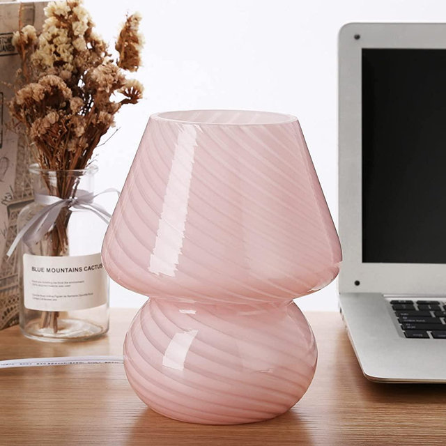 Pink Mushroom Lamp,Glass Mushroom Bedside Table Lamps Translucent Murano Vintage Style Striped Small Nightstand Desklamp Swirl Light for Home Decor, Dining, Living, Bedroom, Gift (Stripe Pink)