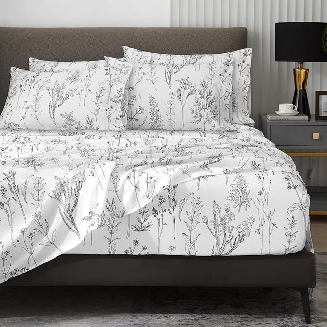 HYPREST 6 Piece King Size Sheets Set, Floral Sheets White and Black Pattern Sheets Deep Pocket up to 18 inches