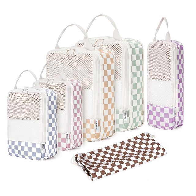 Narwey 6 Set Checkered Compression Packing Cubes for Travel Carry on Women Kids, Packing Organizers Bag for Backpack Luggage Suitcase Duffle Bags (Combined Checkered)