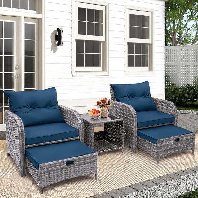 FYRICKYLINOO 5 Pieces Wicker Outdoor Patio Chairs Set with Ottoman, All Weather PE Rattan Patio Conversation Furniture Set Outdoor Furniture Set with Hidden Ottoman, Blue