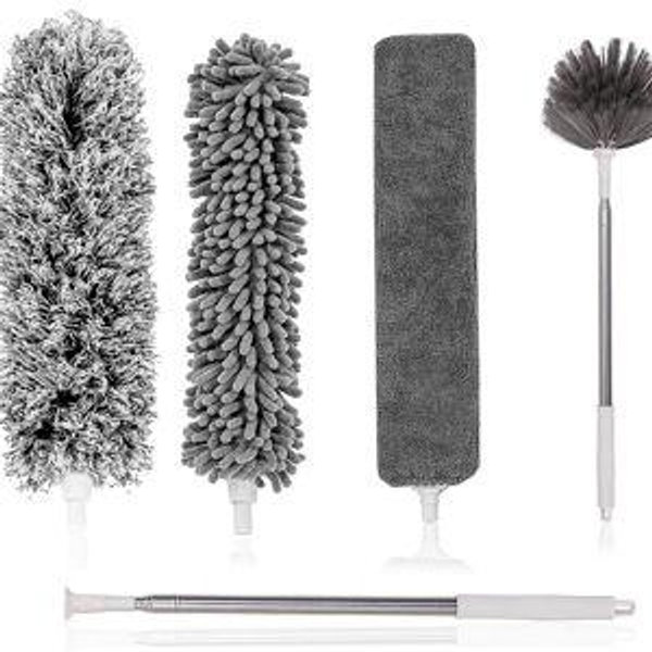 Tiumso Microfiber Feather Duster 5-in-1 Kit, Dusters for Cleaning, Duster with Extension Pole 100 Inches, Cobweb Duster, Microfiber Dusters for High Ceilings and Fans, Blinds, Cars and Furniture