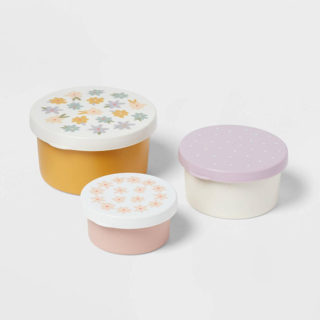 Kids' 3pk Flowers Single Wall Stainless Steel Round Snack boxes Pink - Pillowfort™