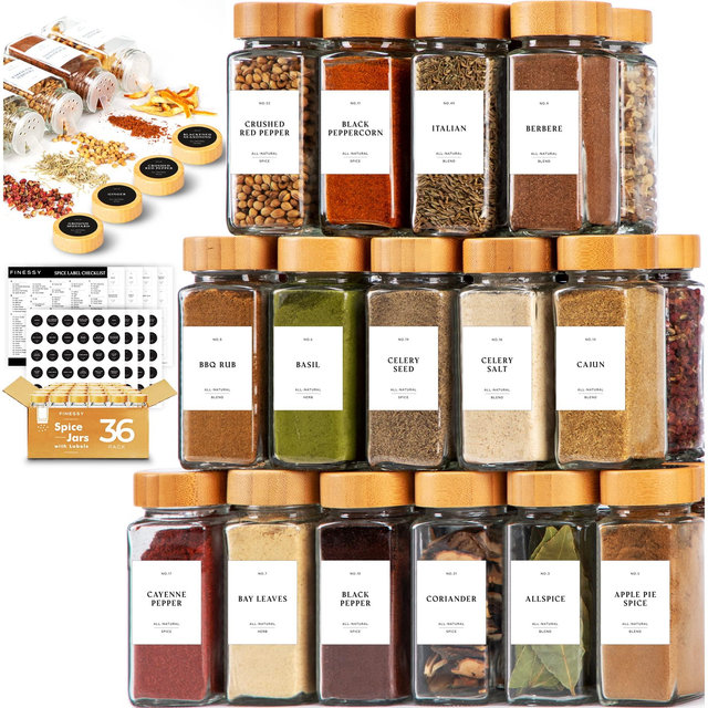 Glass Spice Jars With Label And Organizer, Spice Jars With Bamboo Lids, Spice Bottles Empty Glass With Labels Seasoning Organizer Jars Labels, Spice Containers With Labels Spices Seasonings And Sets
