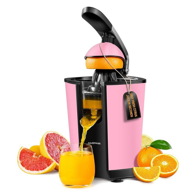 Amzpass Electric Orange Juicer, Citrus Juicer Squeezer with 2 Cones and Soft Grip Handle for Effortless Juicing, Stainless Steel Quiet Orange Juice Extractor Machines for Lime Grapefruit Lemon, Pink