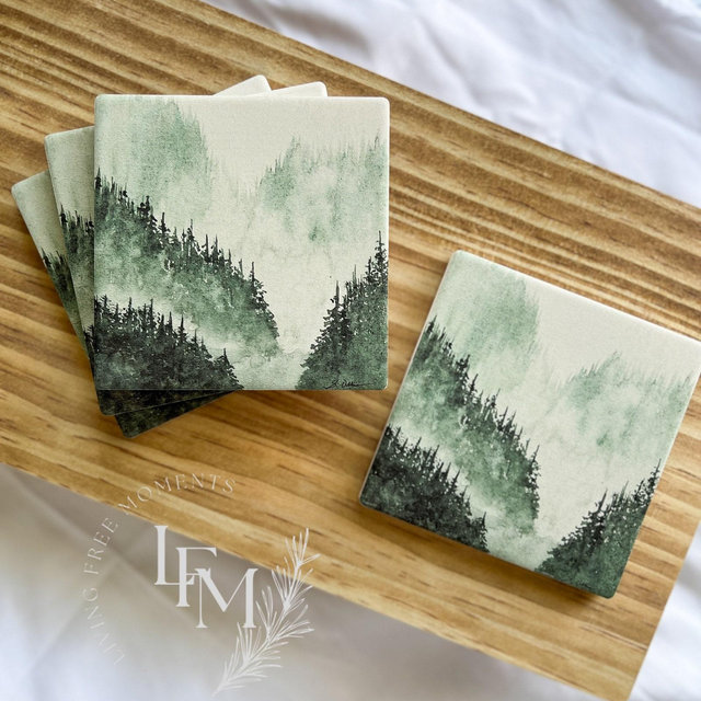 Watercolor Forest Coaster Set: Rustic Ceramic Tree Coasters